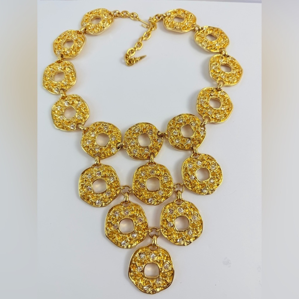Vintage Brutalist Statement Bib Necklace – Pave Swarovski Crystal Accents- 231g